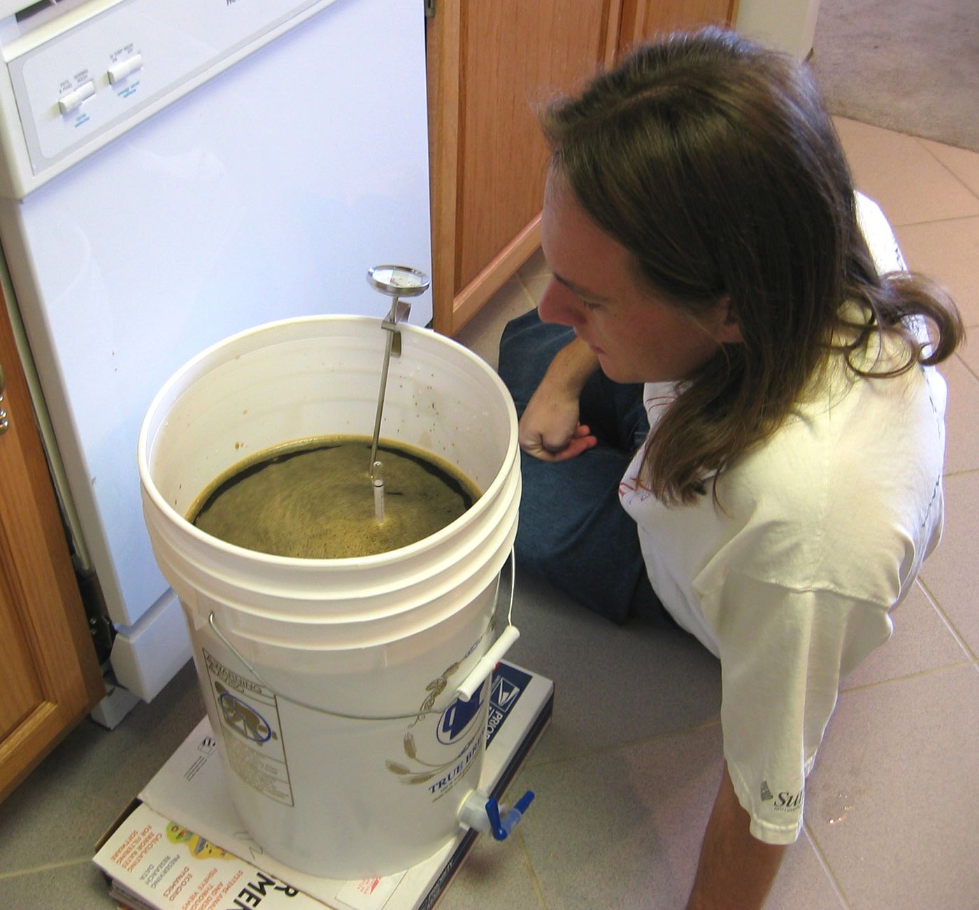 Taking a gravity reading with a hydrometer — the measurement that tells you starting sugar (OG) and, later, that fermentation has finished (a steady FG).