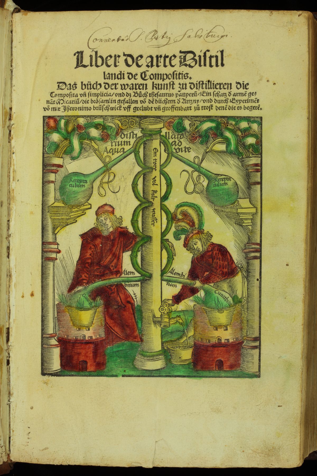 Distillation apparatus from Hieronymus Brunschwig's Liber de arte Distillandi de Compositis (Strassburg, 1512) — one of the earliest printed European books devoted to distillation