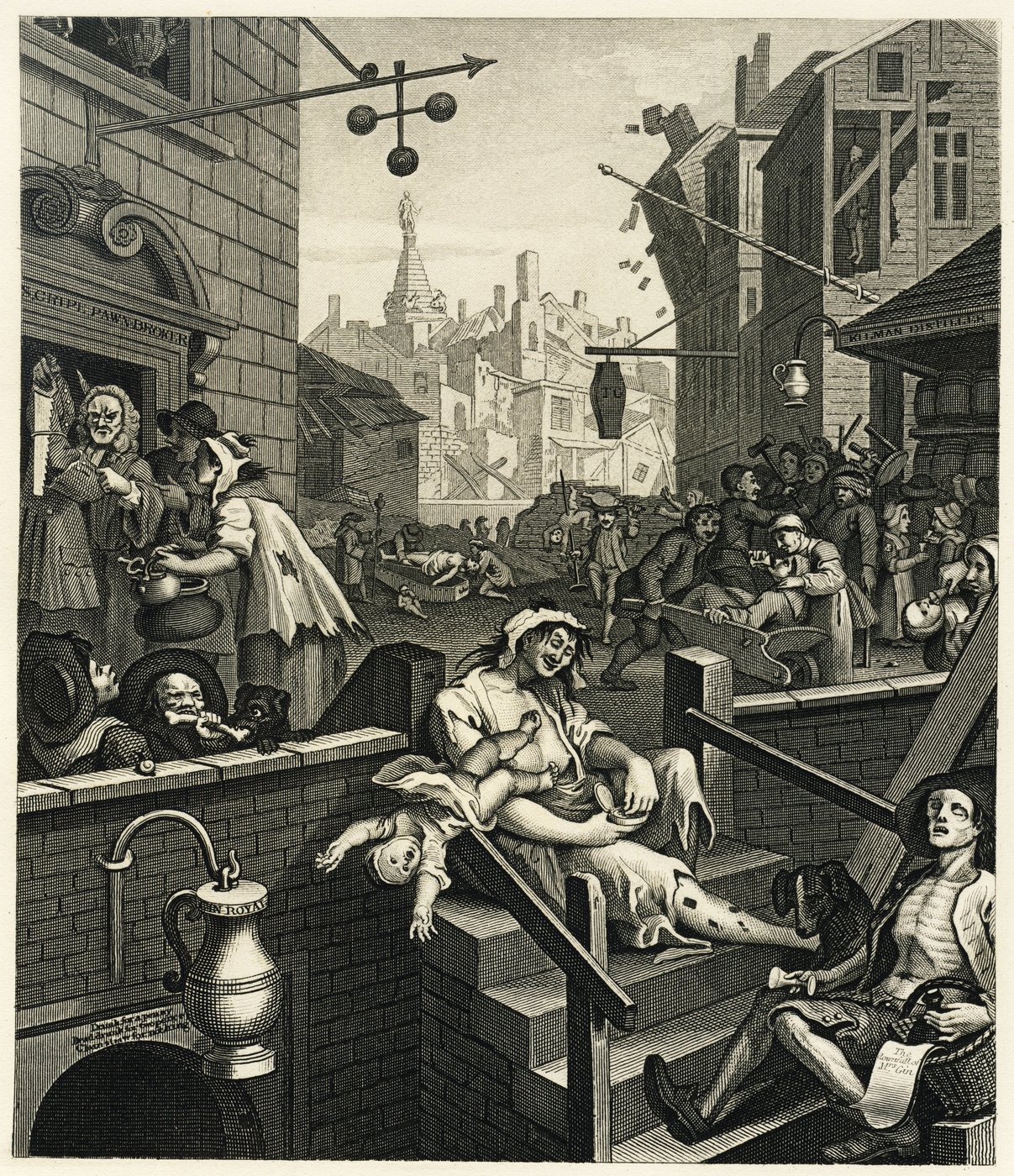 William Hogarth's Gin Lane (1751) — the iconic moralizing print that helped drive Parliament's Gin Act of 1751. Depicts the social collapse of St Giles parish in London at the height of the Gin Craze: a drunken mother letting her child fall, distillers and pawnbrokers thriving, the church distant and ignored