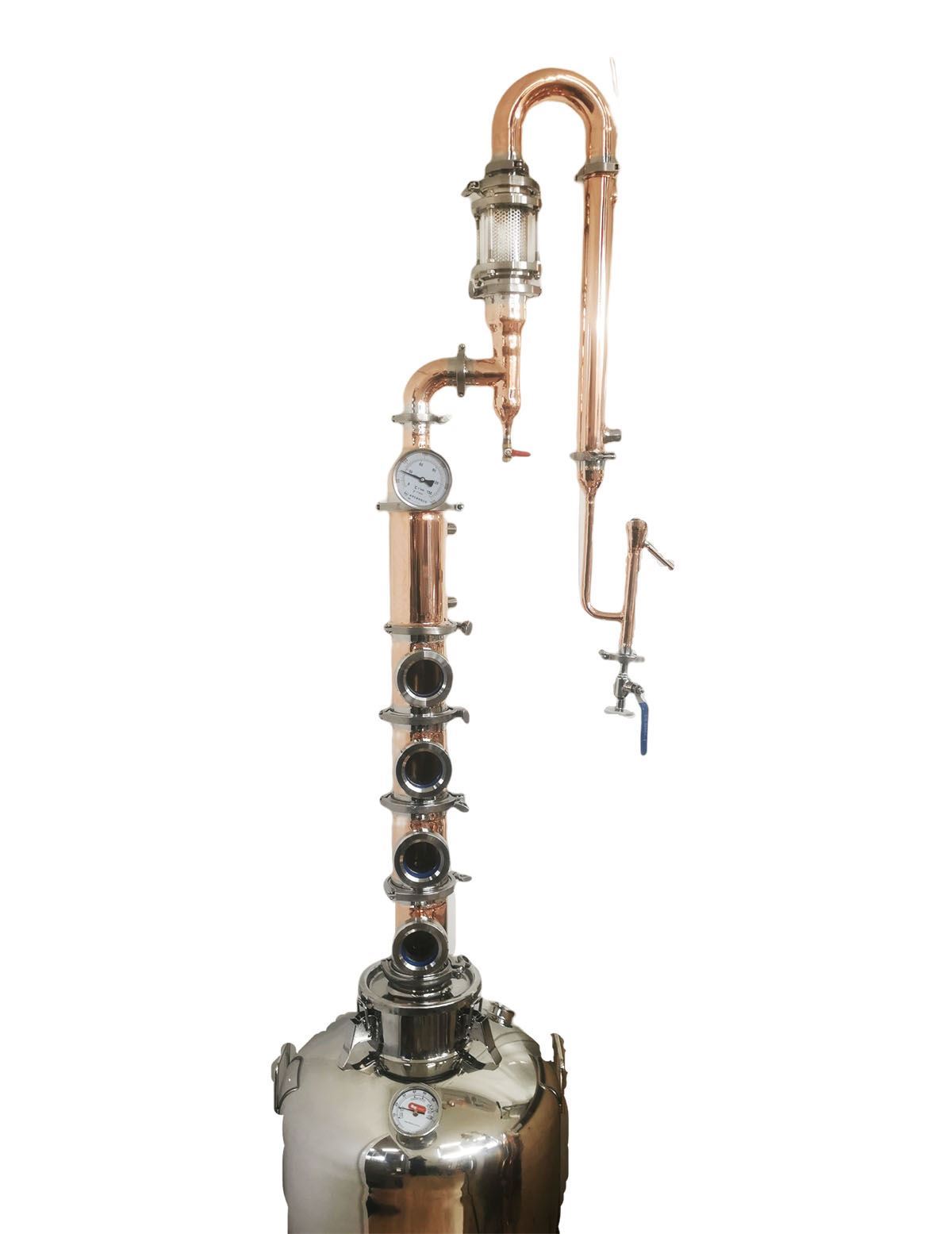 Copper post-position gin basket for a modular still — sits in the vapor path between the kettle and the column, allowing rising ethanol vapor to extract aromatics from juniper berries, coriander, citrus peel and other botanicals without the botanicals contacting the boiling wash (reference only, vendor copyright)