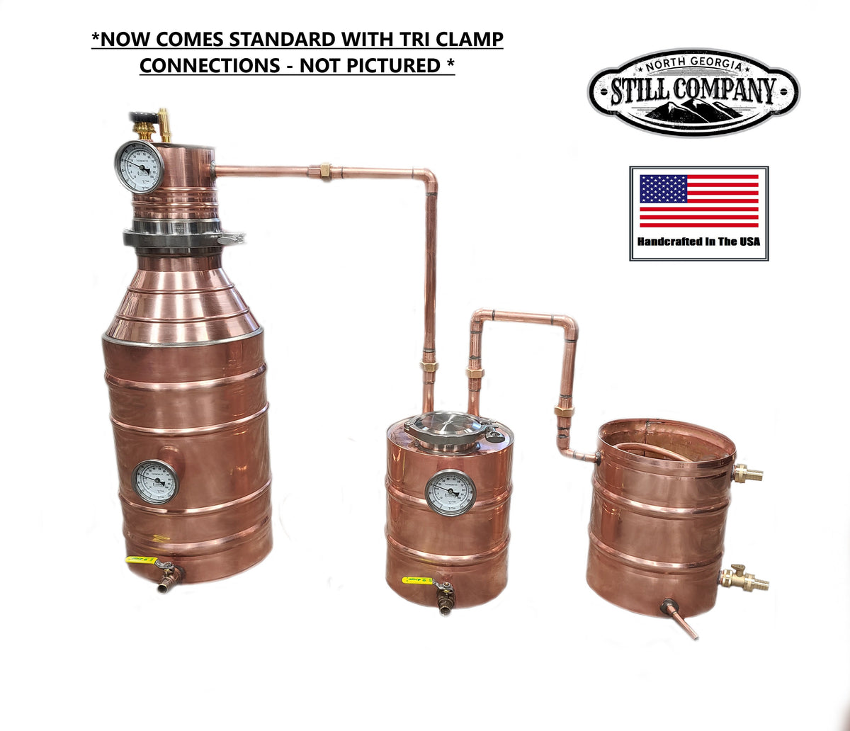 North Georgia Still Company 7.5-gallon Distillers Kit — 20 oz / 22-gauge copper throughout (boiler, thumper with 4" fruit port, worm condenser); same construction philosophy as the Vol 3 5-gal and Vol 4 15-gal NG Still kits (reference only, vendor copyright)