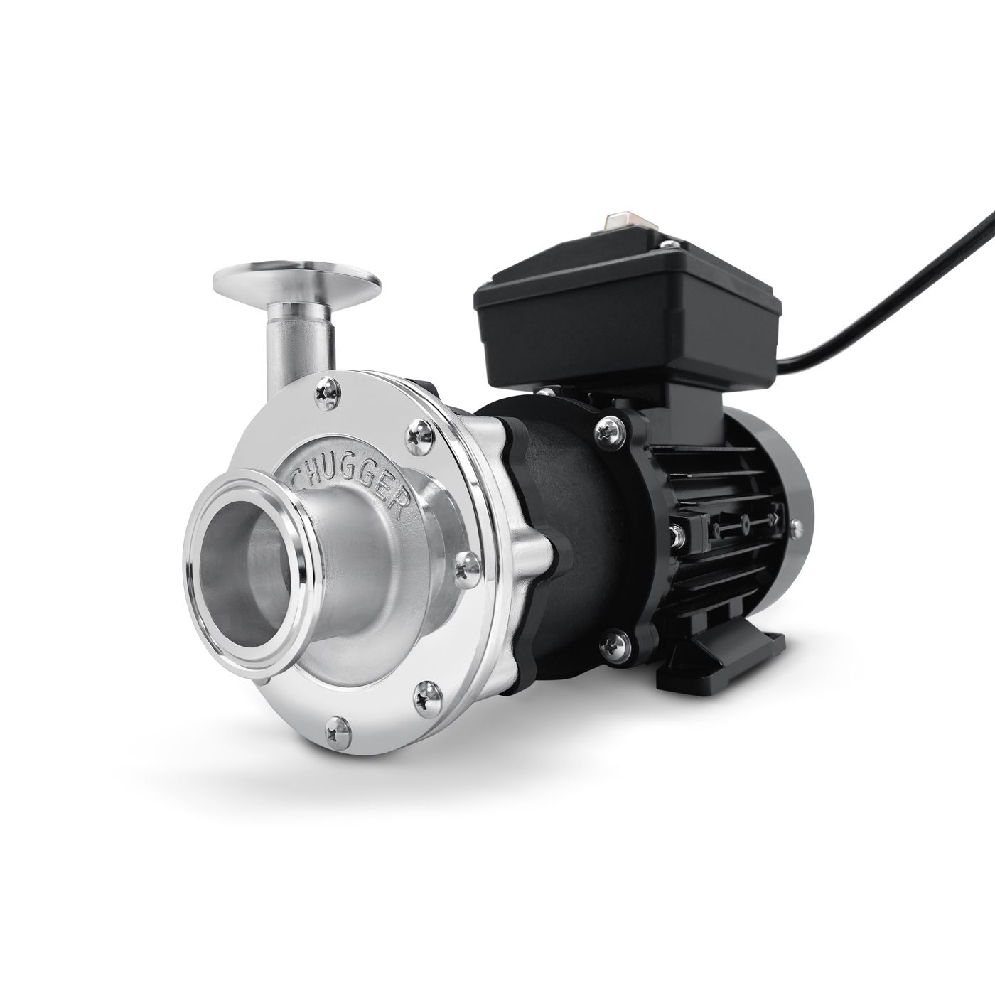 Chugger Tri-TCPSSMAX-CI TEFC sanitary brew pump — magnetic-drive centrifugal pump with tri-clamp fittings, food-grade rated for hot wash/wort/spirit transfers up to ~250°F; the home-distilling community standard pump at Tier-5 scale (reference only, vendor copyright)