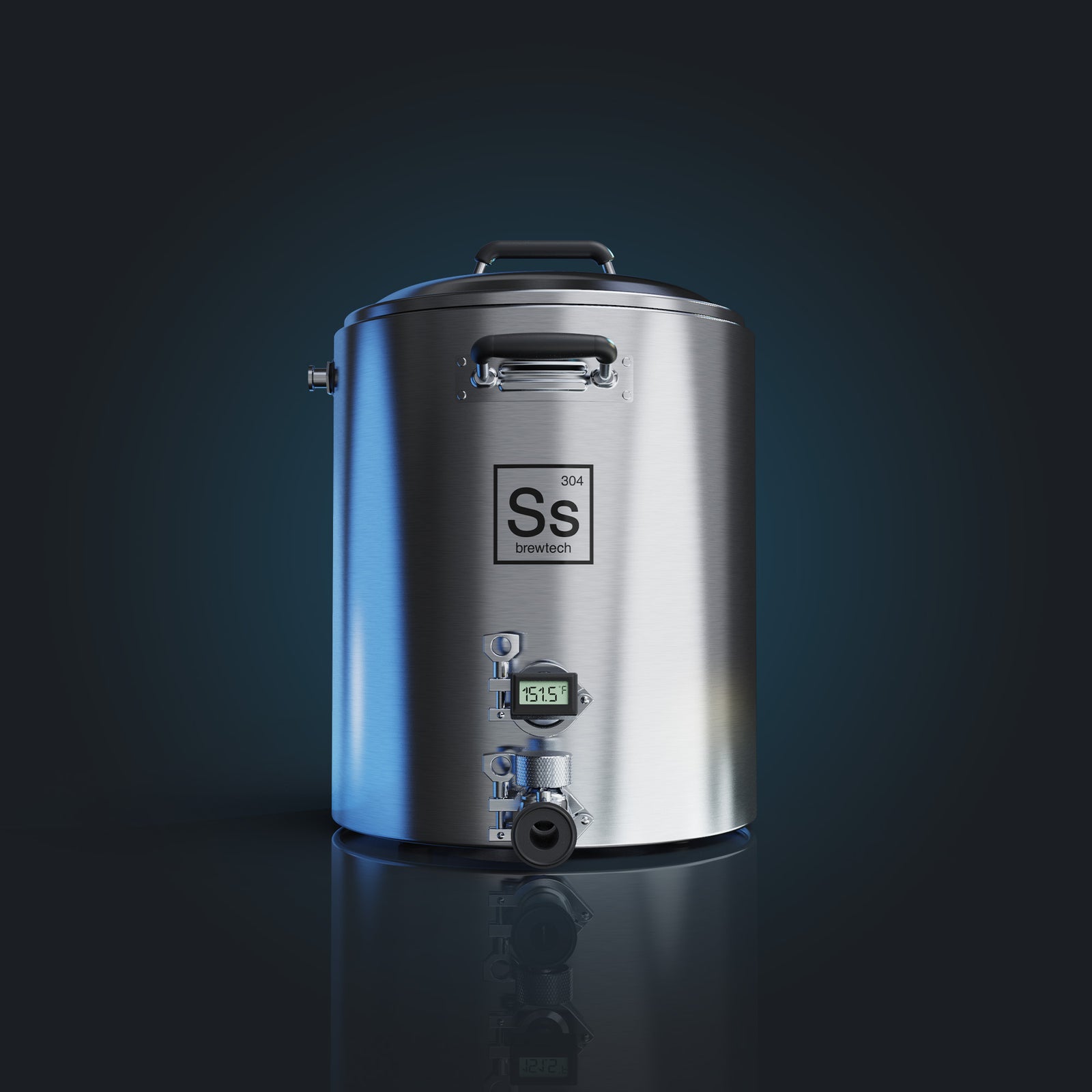 SS Brewtech 20-Gallon InfuSsion Mash Tun — dual-wall foam-insulated 304 stainless steel; integrated 5° sloped bottom with center drain port, gasketed false bottom, precision LCD thermometer with thermowell, three-piece sanitary ball valve, foam-insulated lid (reference only, vendor copyright)